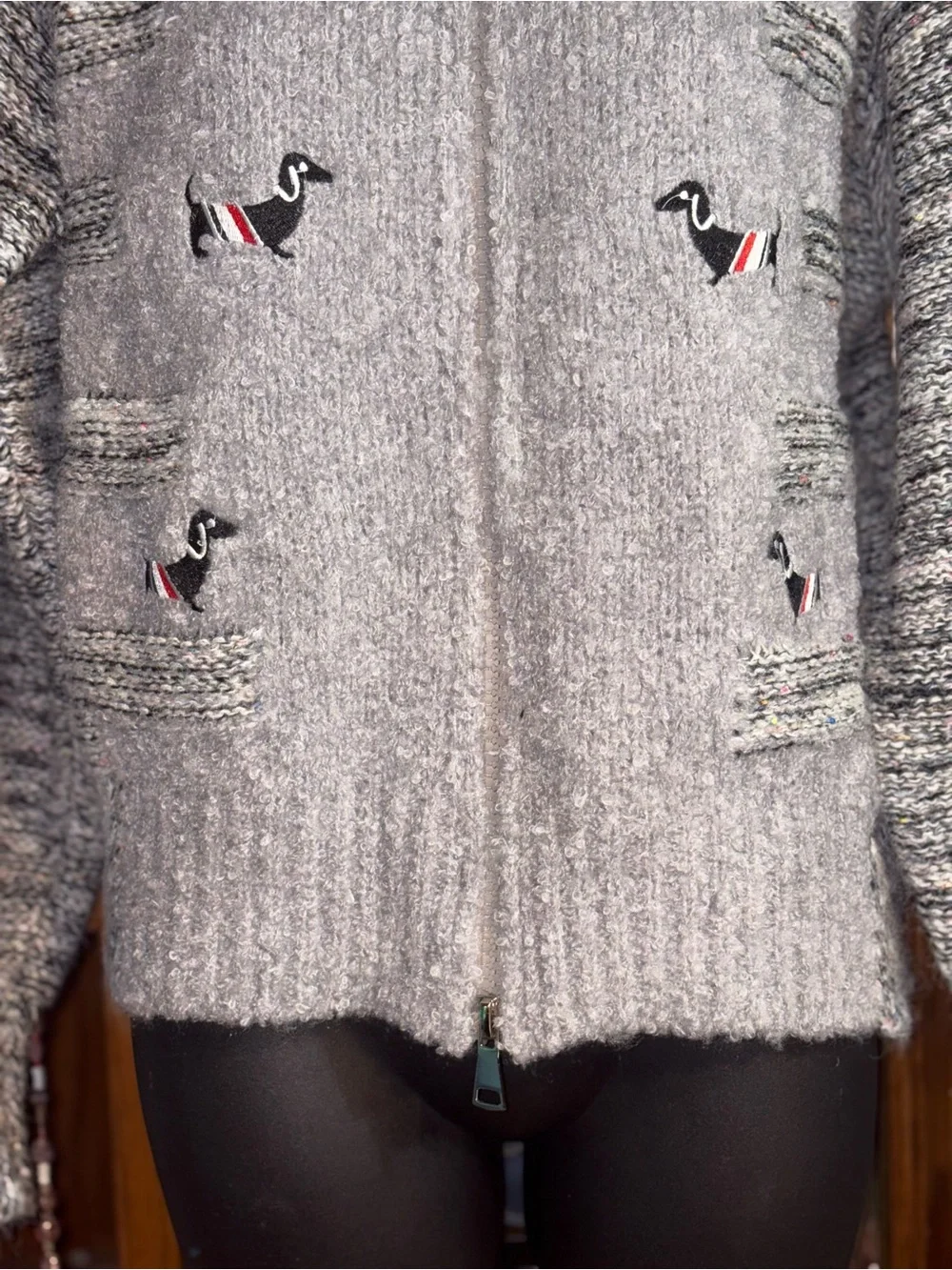 DOG EMBROIDERED DOUBLE ZIP-UP KNITTED CARDIGAN